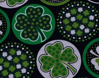 Shamrock Fabric, Shamrocks Large Circles on Black St Patrick's Day Novelty Cotton Fabric, Irish Fabric