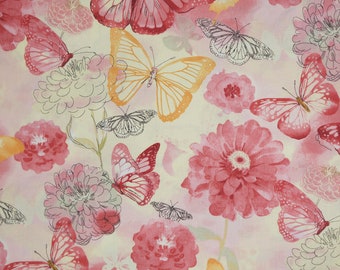 Red Yellow and Pink Watercolor Floral Butterfly Quilting Cotton Fabric