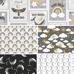 Whale Nursery Flannel Fabric Bundle, 5 Piece, Moon Child Patch Stay Wild Moon Child Quilting Flannel Fabric by 3 Wishes Fabric