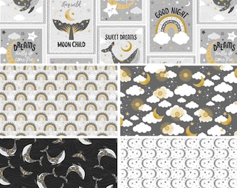 Whale Nursery Flannel Fabric Bundle, 5 Piece, Moon Child Patch Stay Wild Moon Child Quilting Flannel Fabric by 3 Wishes Fabric