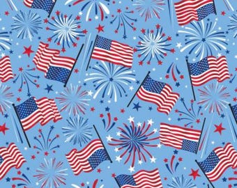 Patriotic Fireworks Fabric, Patriotic Flag Celebration on Medium Blue by Benartex Quilting Cotton Fabric, Patriotic Flag Fabric 4150B-54