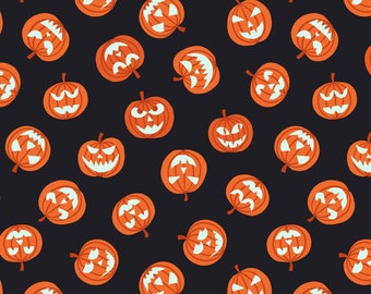 Glow in the Dark Pumpkin Fabric, Glow in the Dark Pumpkin Faces on Black by Lewis and Irene Halloween Quilting Cotton Fabric, Jack O'Lantern