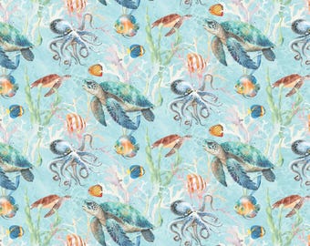 Turtle Fabric, Under the Sea World on Light Turquoise by Skyline Studio for Benartex Traditions Quilting Cotton Fabric, 16529-80B