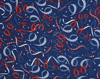 Patriotic 4th of July Ribbons and Stars on Blue Novelty Cotton Fabric