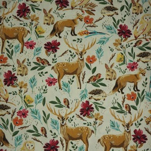 Woodland Animal Canvas Fabric, Painted Forest Animals on Cream Novelty Canvas Cotton Fabric, Watercolor Forest Animals and Floral