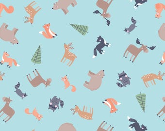Woodland Animal Flannel Fabric, Cozy Animals Tossed on Sky Blue Cozy Forest by Kanvas Studio for Benartex Comfort Flannel Fabric, Nursery