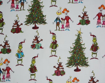 Grinch Whoville White Cotton Fabric, How the Grinch Stole Christmas Licensed Robert Kaufman Quilting Cotton Fabric, Grinch Fabric