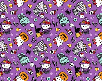 Hello Kitty Halloween Fabric, Hello Kitty Costume on Purple Licensed by Sanrio for Springs Creative Novelty Cotton Fabric