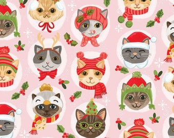 Christmas Cat Fabric, Cat Faces in Holiday Hats by Timeless Treasures Quilting Cotton Fabric, Funny Hat Christmas Cats OLIVIA-CD1402  PINK