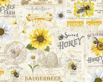 Honey Bee Fabric, Vintage Bee Farm Sign on Cream from the Honey Bee Farm Collection by Timeless Treasures Digital Quilting Cotton Fabric