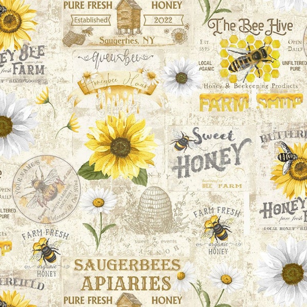 Honey Bee Fabric, Vintage Bee Farm Sign on Cream from the Honey Bee Farm Collection by Timeless Treasures Digital Quilting Cotton Fabric