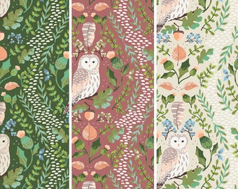 Owl Fabric, Wildwood Wander Hidden Owl Green Rose or Cream Riley Blake Quilting Cotton Fabric, Thistle Fabric