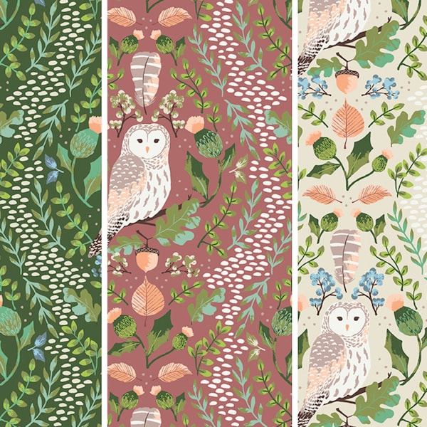 Owl Fabric, Wildwood Wander Hidden Owl Green Rose or Cream Riley Blake Quilting Cotton Fabric, Thistle Fabric