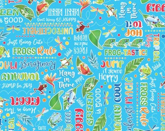 Frog Words Fabric, Frog-Tastic Words Glow on Medium Turquoise by Kanvas Studio for Benartex Quilting Cotton, Tree Frogs, Rainforest Glow