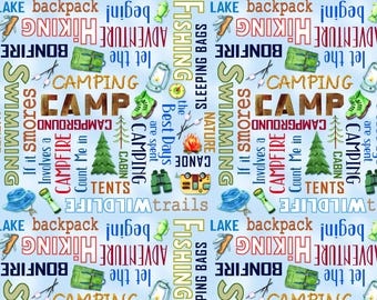 Camping Words Fabric, Camping Words Blue Live, Love, Camp Benartex Kanvas Studio Quilting Cotton Fabric, Camping Words, 14450-54B