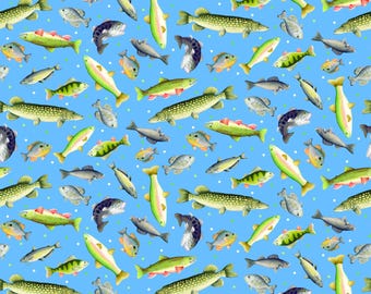 Fish Fabric, Gone Fishing Light Blue Sail Away by Andi Metz for Benartex Kanvas Studio Quilting Cotton Fabric, 14444-50B