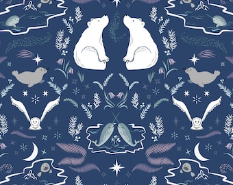Arctic Animal Fabric, True North on Midnight Blue by Lewis and Irene Quilting Cotton Fabric, Polar Bear Fabric CC26.3