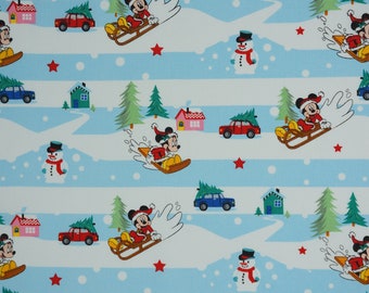 Mickey & Minnie Sledding Fun, Blue and White Stripes by Springs Creative Disney Licensed Novelty Cotton Fabric