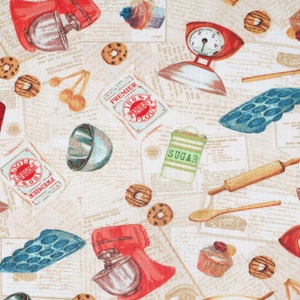 Michael Miller Fifties Kitchen Retro 50's Kitchen Appliances on Cream  Novelty Fabric100% Cotton Sold by the Yard 