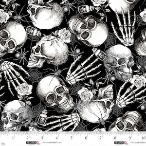 Skulls and Roses Fabric, Skull and Hand Toss Fear Factory by Lena Art Studio for Studio E Halloween Quilting Cotton Fabric, 8341-99