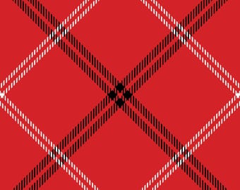 Christmas Plaid Fabric, Red Black and White Thin Lined Bias Plaid by Fabric Editions Novelty Cotton Fabric, Screen Printed Plaid 19841-RED