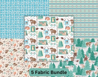 Woodland Animal Fabric, Blue 5 Piece Fat Quarter or Half Yard Bundle, Woodland Wander by Jo Taylor  3 Wishes Quilting Cotton Fabric