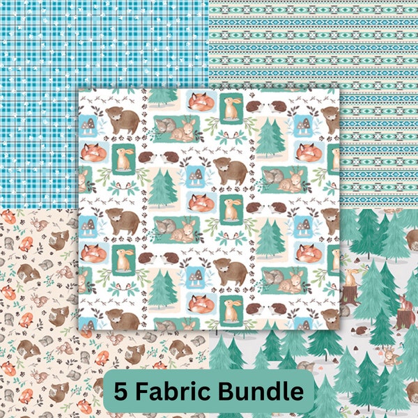 Woodland Animal Fabric, Blue 5 Piece Fat Quarter or Half Yard Bundle, Woodland Wander by Jo Taylor  3 Wishes Quilting Cotton Fabric