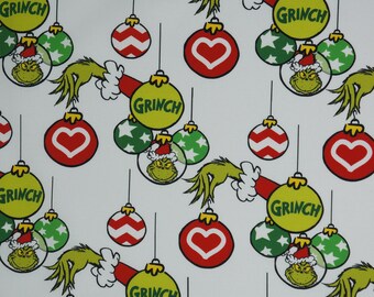 The Grinch Holiday Ornaments on White Dr. Seuss How the Grinch Stole Christmas Licensed Quilting Cotton Fabric, Robert Kaufman ADE-20279-223