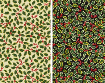 Christmas Holly Fabric, Holly on Cream or Black with Gold Metallic Accents by Lewis and Irene Quilting Cotton Fabric, Yuletide