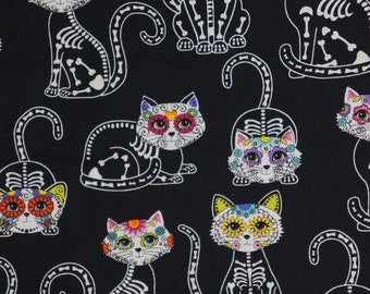 Sugar Skull Cat, Day of the Dead, Halloween Cat, Skeleton Cat by Hi Fashion Fabrics Halloween Quilting Cotton Fabric