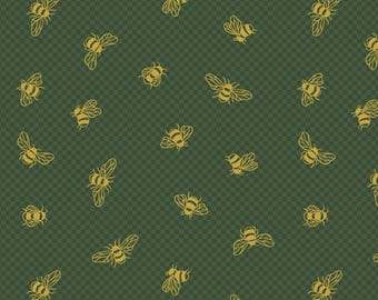 Bee Fabric, Gold Metallic Honey Bees on Dark Green, Honey Bee by Lewis & Irene Quilting Cotton Fabric, Fall Bee Fabric, A654.2