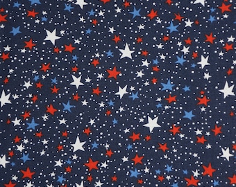 Patriotic Stars Fabric, Patriotic Red White and Blue Stars on Navy Independence Day 4th of July Novelty Cotton Fabric