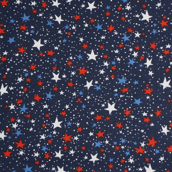 Patriotic Stars Fabric, Patriotic Red White and Blue Stars on Navy Independence Day 4th of July Novelty Cotton Fabric