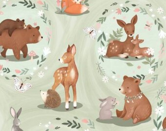 Woodland Animal Flannel Fabric, Picture Perfect on Light Green by Jo Taylor for 3 Wishes Quilting Nursery Flannel Fabric, Bear, Deer, Fox