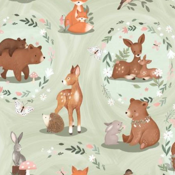 Woodland Animal Flannel Fabric, Picture Perfect on Light Green by Jo Taylor for 3 Wishes Quilting Nursery Flannel Fabric, Bear, Deer, Fox