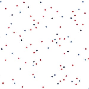 May include: A white background featuring a repeating pattern of small, four-petaled flower shapes scattered across the surface. The individual flower icons are colored in alternating shades of solid red and dark navy blue, creating a simple design.
