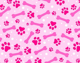 Dog Fabric, Paw and Bones on Pink by David Textiles Novelty Cotton Fabric DX-4363-4C-10
