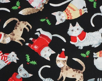 Purr-fect Holiday Cats In Christmas Sweaters on Black by Timeless Treasures Fabrics Quilting Cotton Fabric, Ugly Christmas Sweater Cats