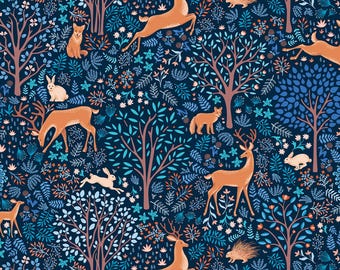 Woodland Animal Fabric, Flora and Fauna Midnight on Sapphire Blue by Amanda Murphy for Benartex Contempo Quilting Cotton Fabric 17051B-56