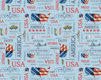 Patriotic Words Fabric, Letters from Home Text on Red by Riley Blake Quilting Cotton Fabric, Quilt of Valor Fabric, C15611-BLUE
