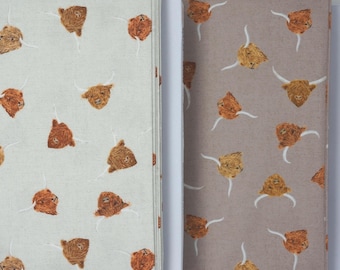 Highland Cow Fabric, Tossed Highland Cow Heads on Cream or Light Brown by Lewis and Irene Quilting Cotton Fabric, Highland Cow Blender