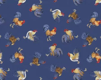 Rooster Fabric, Tossed Roosters on Blue Morning Serenade by Susan Winget for Wilmington Prints Quilting Cotton Fabric, Chicken 39865-424