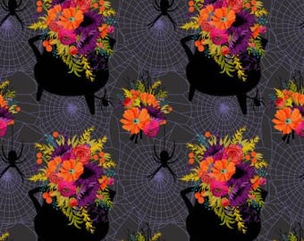 Witches Cauldron Fabric, Bootiful Floral Witches Brew on Gray by Pammie Jane for Dear Stella Quilting Cotton Fabric, ST-DPJ2780MULTI