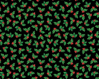 Holly Fabric, Holly on Black Sugar and Spice by Nicole DeCamp by Benartex Kanvas Studio Quilting Cotton Fabric 14576-12B