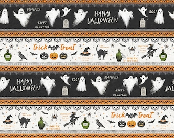 Halloween Border Stripe Fabric, Border Stripe Midnight Hauntings by Michael Davis for Wilmington Prints Quilting Cotton Fabric 96481-918