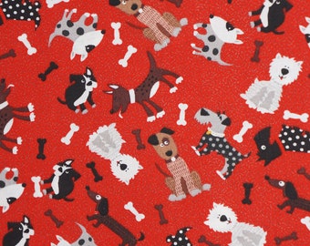 Rescue Dogs on Red Cotton Fabric Novelty Fabric