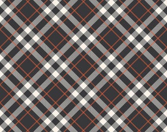Halloween Plaid Fabric, Hey Bootiful Plaid Charcoal by Riley Blake Quilting Cotton Fabric, Black and Orange Plaid