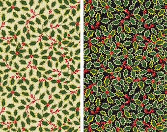 Christmas Holly Fabric, Holly on Cream or Black with Gold Metallic Accents by Lewis and Irene Quilting Cotton Fabric, Yuletide