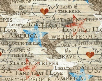 Patriotic Words Fabric, Americana Words and Icons on Wood Patriotic Novelty Cotton Fabric