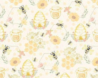Bee Fabric, Quilting Bees on Cream from the Home Sweet Home Collection by Timeless Treasures Quilting Cotton Fabric, Watercolor Floral Bees